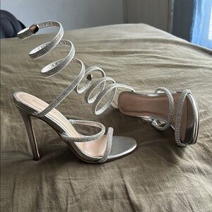 Glamorous Silver Spiral Strap Heels